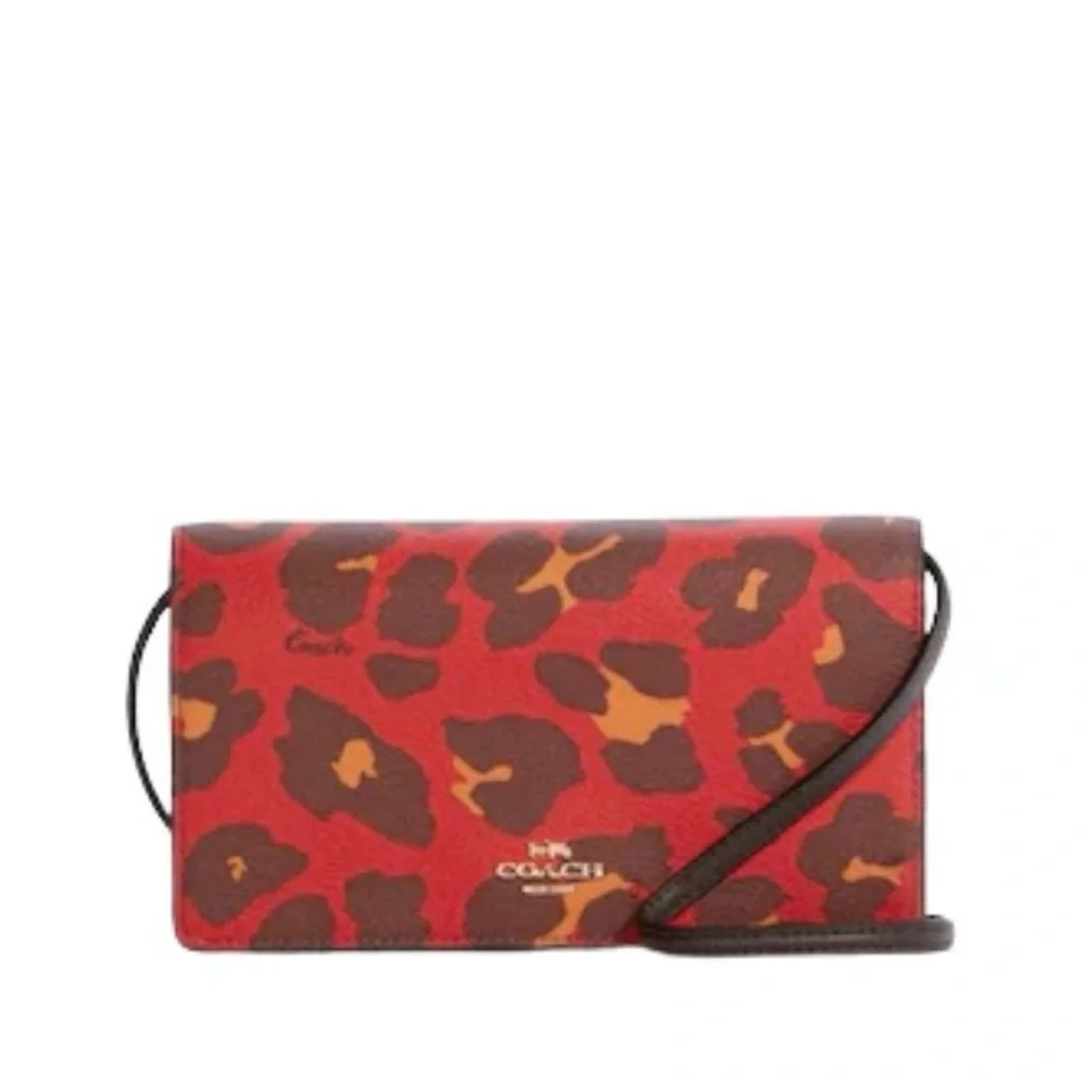 NWOT Coach Anna Foldover Crossbody Clutch With Leopard Print Gold/Bright Poppy